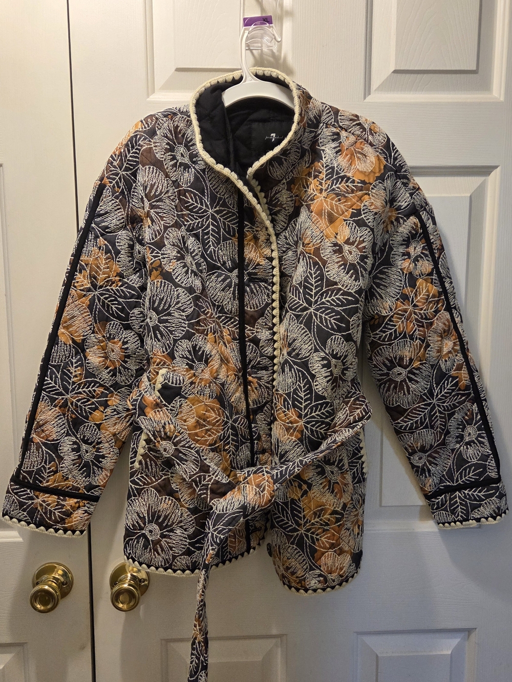7 For All Mankind Floral Quilted Belted Jacket - Black, Orange, White